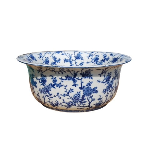 Floral Blue and White Porcelain Lipped Bowl 16"