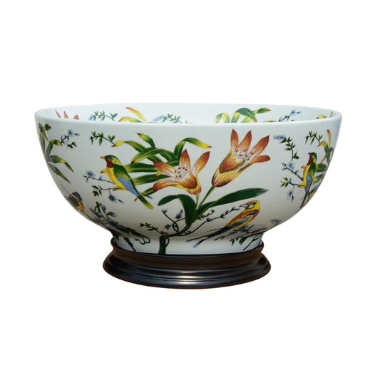 Floral Bird Motif Porcelain Bowl 12"