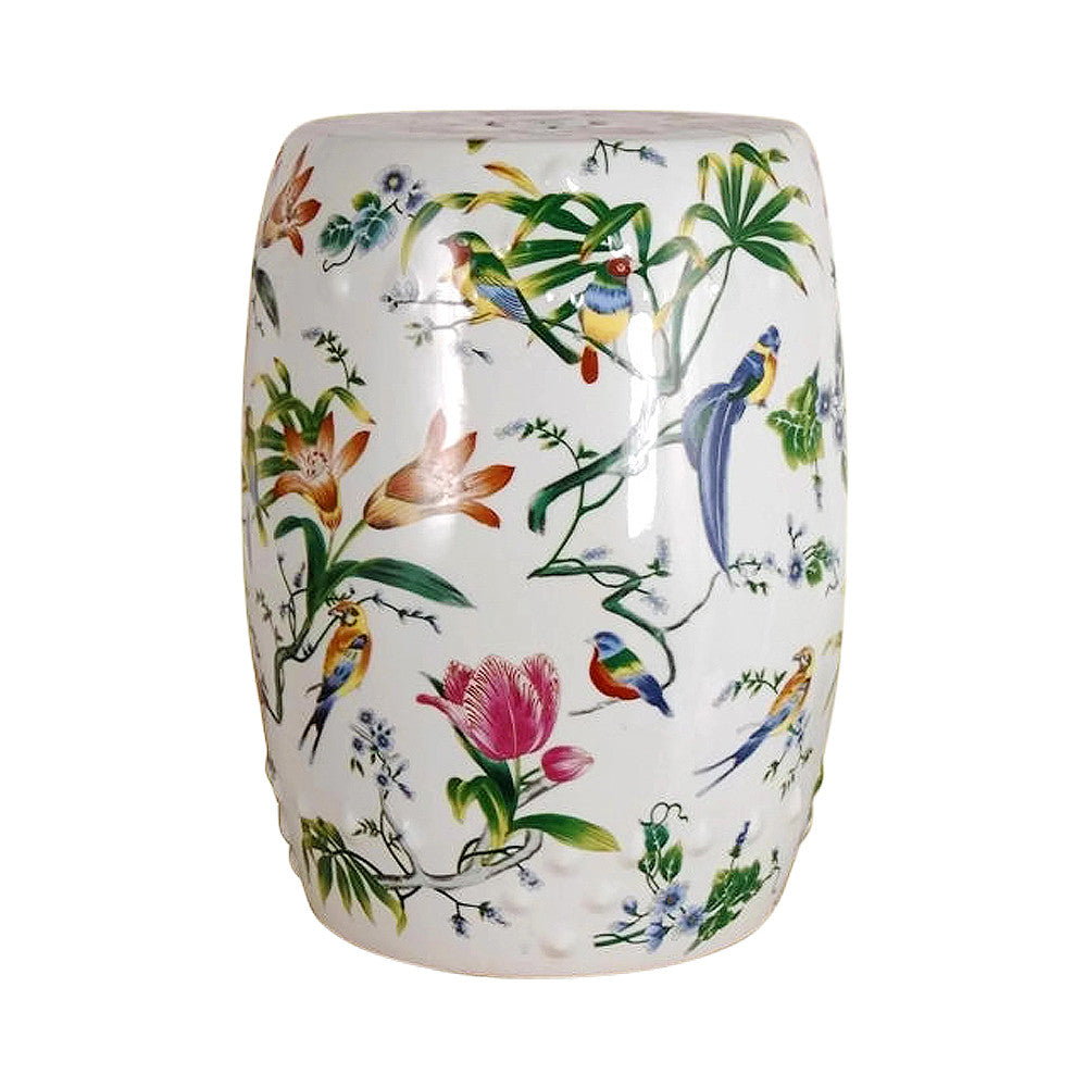Chinese Multi Color Porcelain Bird Motif Round Garden Stool 18"