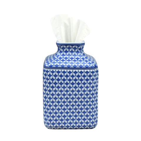 Blue and White Geometric Porcelain Tissue Box Holder 8"
