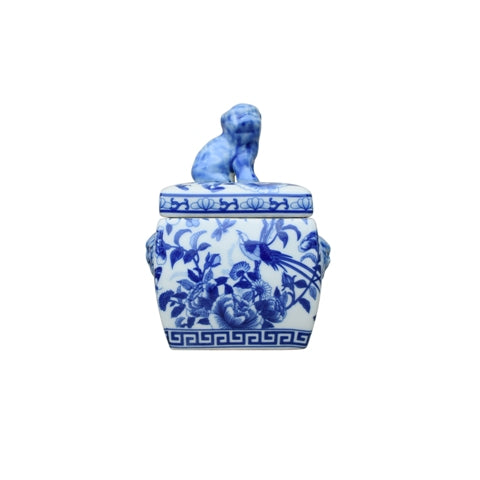 Blue and White Square Porcelain Jar Bird Motif 7"
