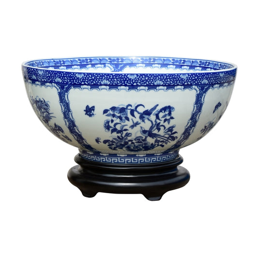 Vintage Style Blue and White Bird Chinoiserie Medallion Porcelain Bowl 14" Diameter
