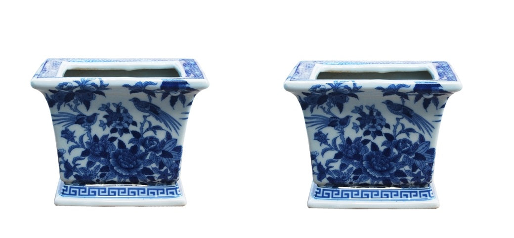 Blue and White Pair of Square Porcelain Pot Bird and Floral Motif 6"