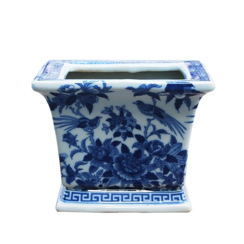 Blue and White Pair of Square Porcelain Pot Bird and Floral Motif 6"