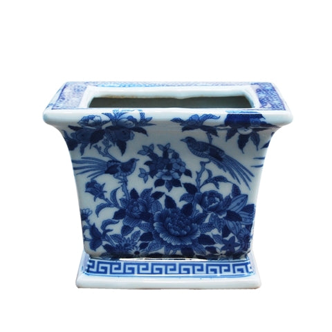 Blue and WhiteSquare Porcelain Cachepot Bird and Floral Motif 6"