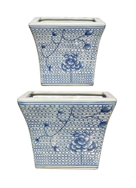 Set of 2 Blue and White Porcelain Peony Cachepot