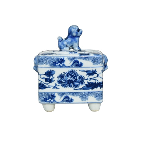 Asian Blue and White Floral Motif Square Foo Dog Jar 5"