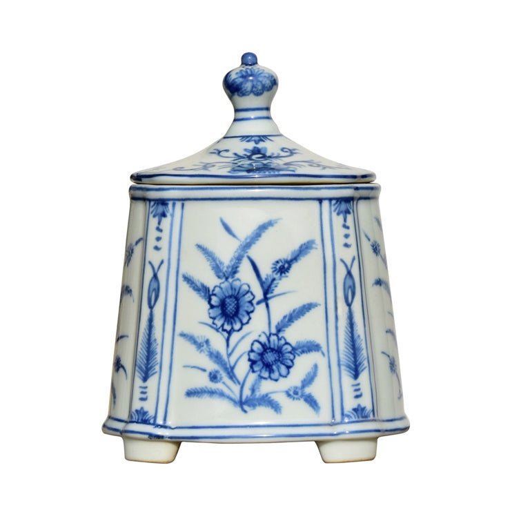 Blue and White Floral Porcelain Tea Caddy 8"