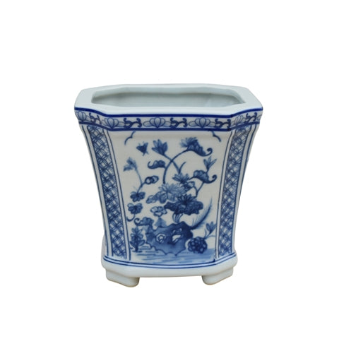 Blue and White Square Floral Pot 5"