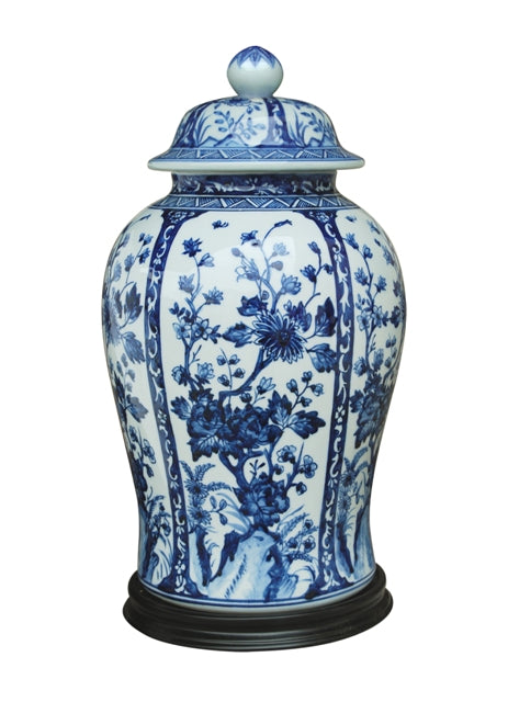 Blue and White Porcelain Chinoiserie Floral Temple Jar 19"