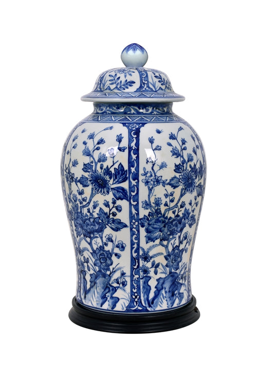 Blue and White Porcelain Chinoiserie Floral Temple Jar 19"