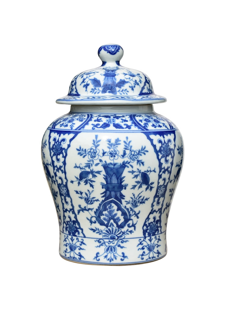 Beautiful Blue and White Porcelain Chinoiserie Temple Jar 13"