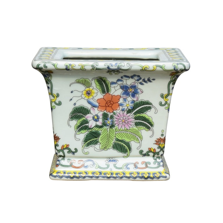 Square Porcelain Cachepot Floral Motif 6"