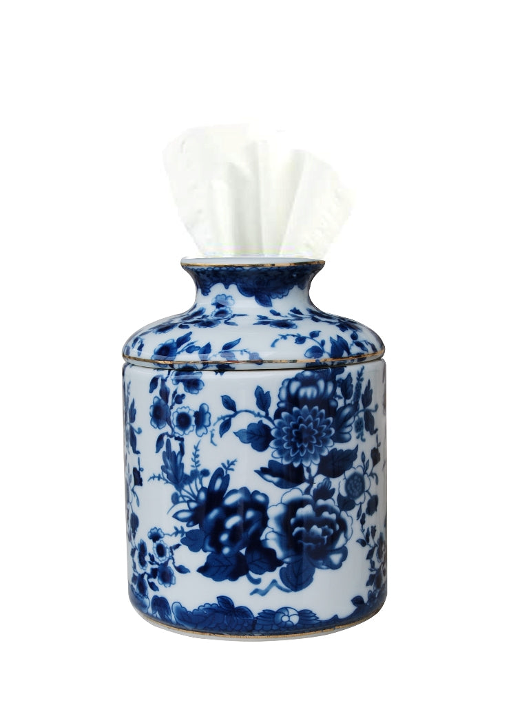 Blue and White Floral Porcelain Tissue Roll Holder 7"