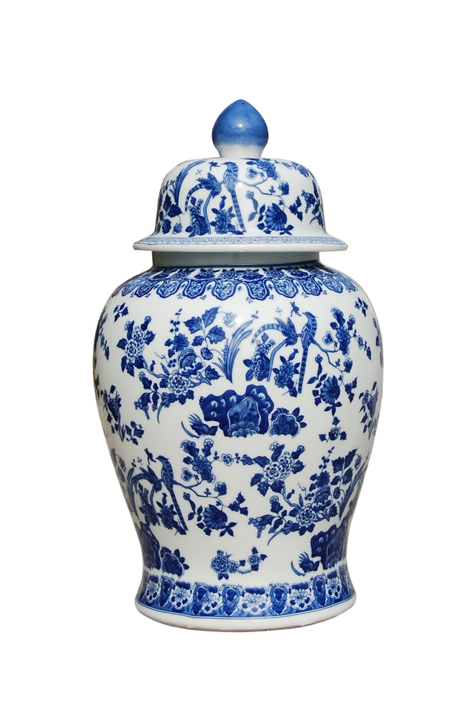 Blue and White Large Floral Bird Temple Jar 27"