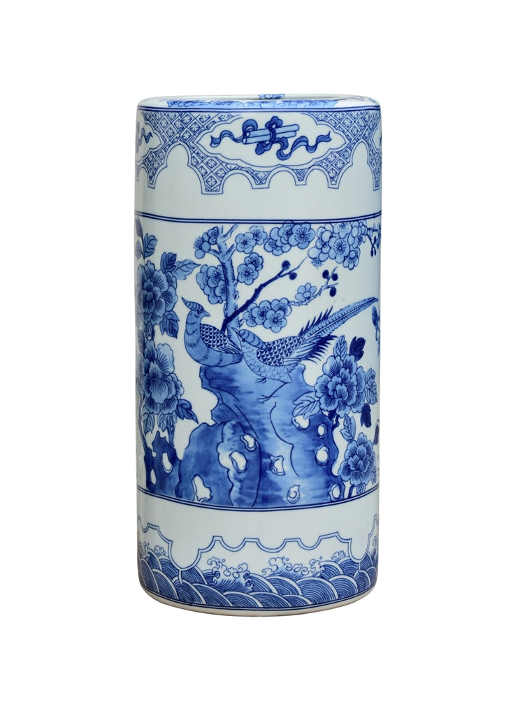 Beautiful Oriental Blue and White Porcelain Umbrella Stand Bird Motif 18"