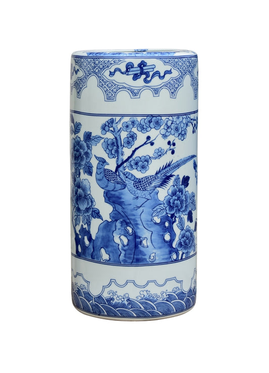 Beautiful Oriental Blue and White Porcelain Umbrella Stand Bird Motif 18"