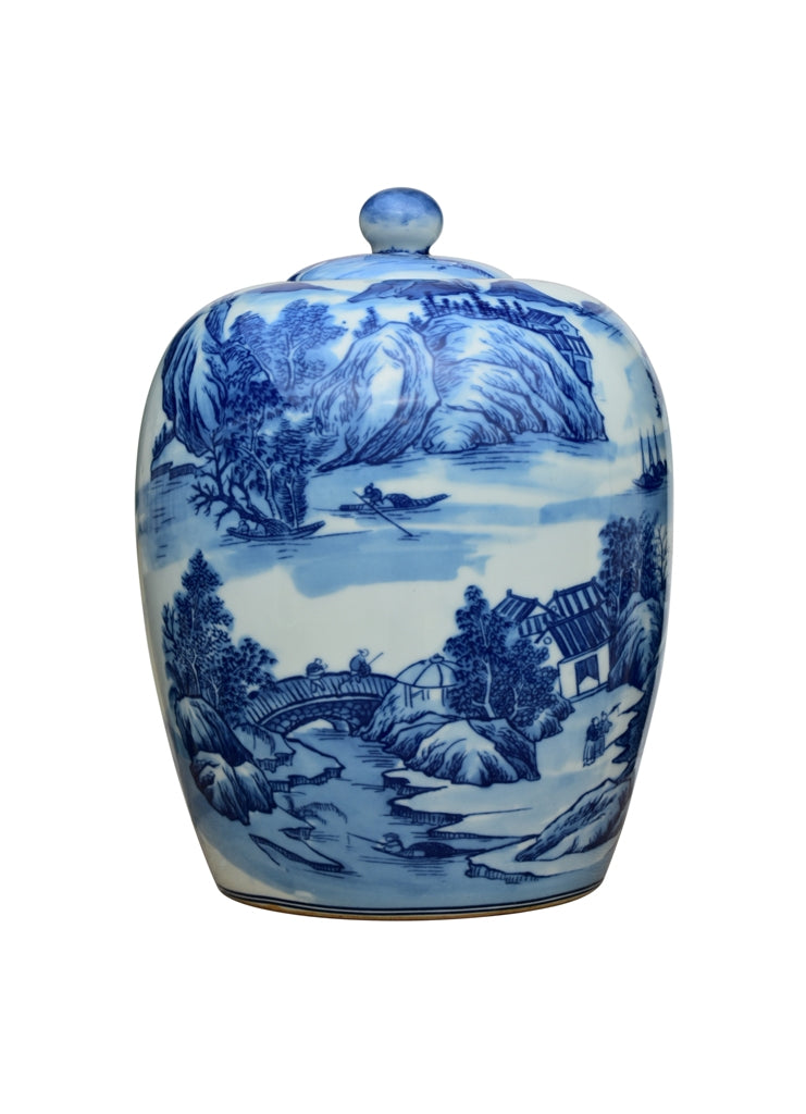 Blue and White Landscape Porcelain Ginger Jar 15"