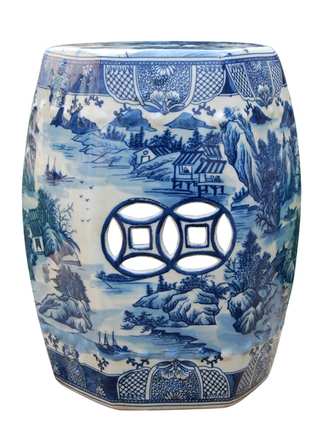 Blue and White Porcelain Hexagonal Landscape Garden Stool