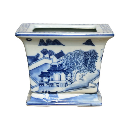Blue and White Blue Willow Square Porcelain Flower Cachepot 6"