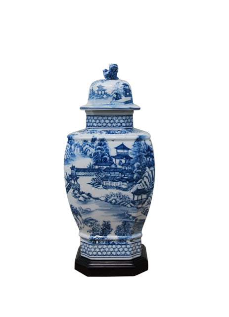 Blue and White Porcelain Landscape Blue Willow Hexagonal Temple Jar 14"