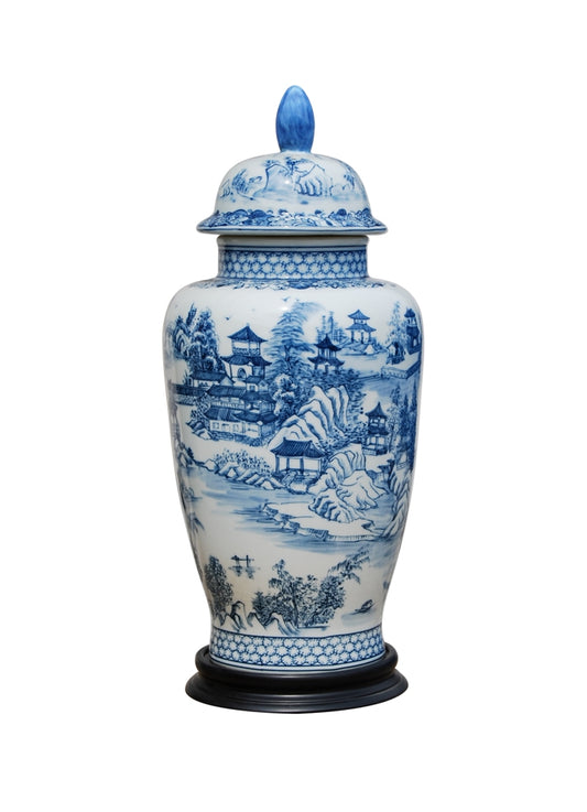 Blue and White Blue Willow Porcelain Temple Jar 16"
