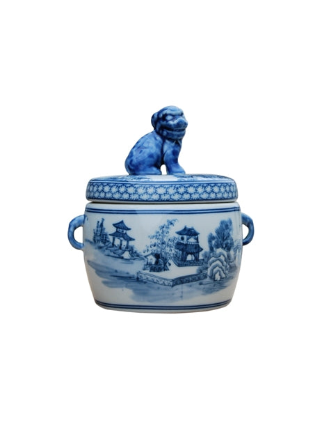 Cute Blue and White Blue Willow Motif Porcelain Canister Foo Dog Top 7"