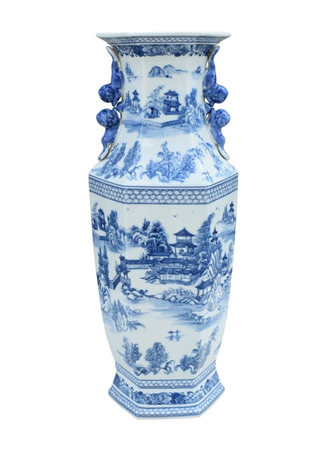Blue and White Blue Willow Hexagonal Porcelain Vase 24"