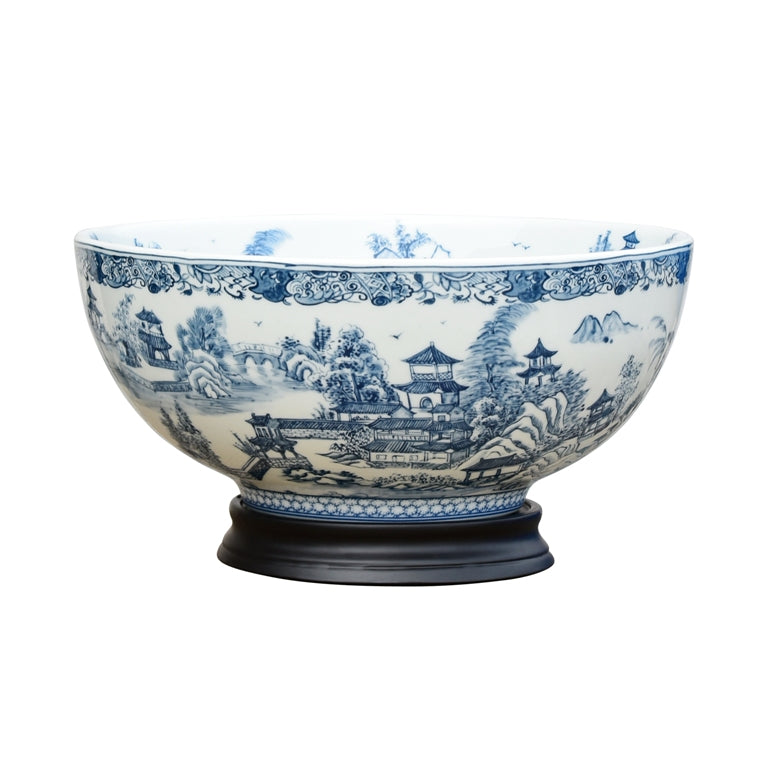 Decorative Blue and White Blue Willow Porcelain Bowl w Base 14" Diameter