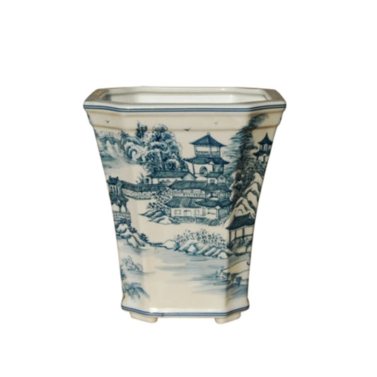 Beautiful Blue and White Blue Willow Landscape Porcelain Hexagonal Pot