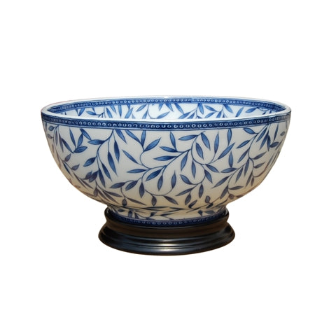 Blue and White Porcelain Bamboo Leaf Bowl 14"