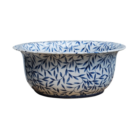 Blue and White Porcelain Bamboo Leaf Lipped Bowl 16"