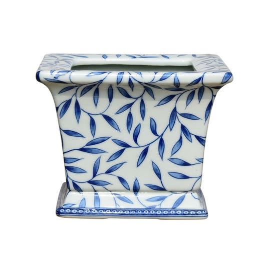 Square Blue and White Porcelain Cachepot Bamboo Leaf 6"