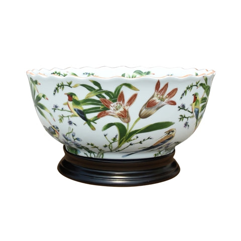 Elegant Multi Color Floral Bird Pattern Porcelain Bowl w Base 14" Diameter