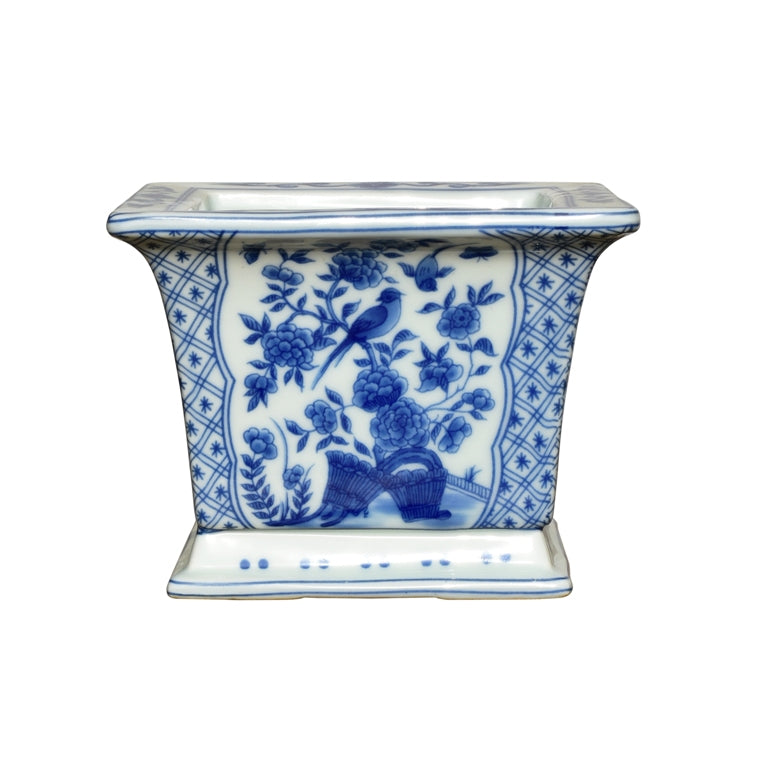 Blue and White Floral Bird Motif Square Porcelain Flower Cachepot 6"