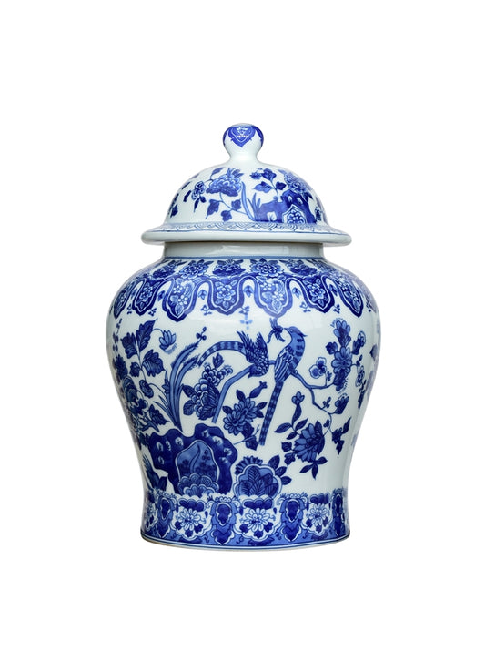 Beautiful Blue and White Porcelain Chinoiserie Bird Temple Jar 13"