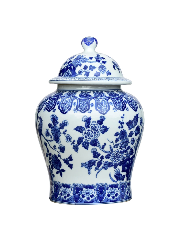 Beautiful Blue and White Porcelain Chinoiserie Bird Temple Jar 13"