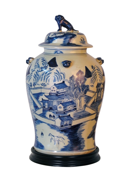 Blue and White Porcelain Canton Temple Jar 19"