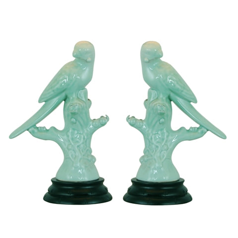 Cute Pair Celadon Green Porcelain Bird with Base 10"
