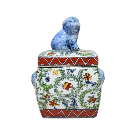 Square Floral Porcelain Foo Dog Jar 7"