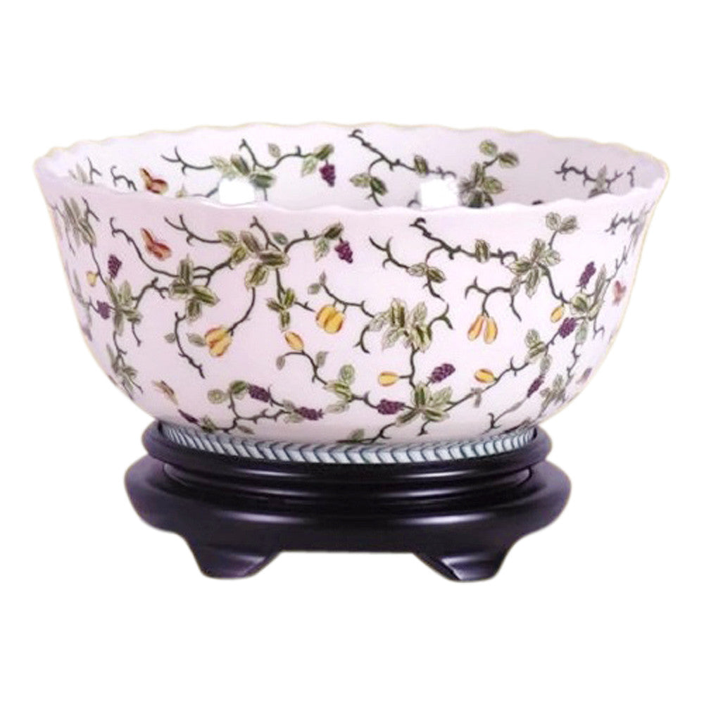 Chinese Multi Color Floral Porcelain Bowl w Base 14" Diameter