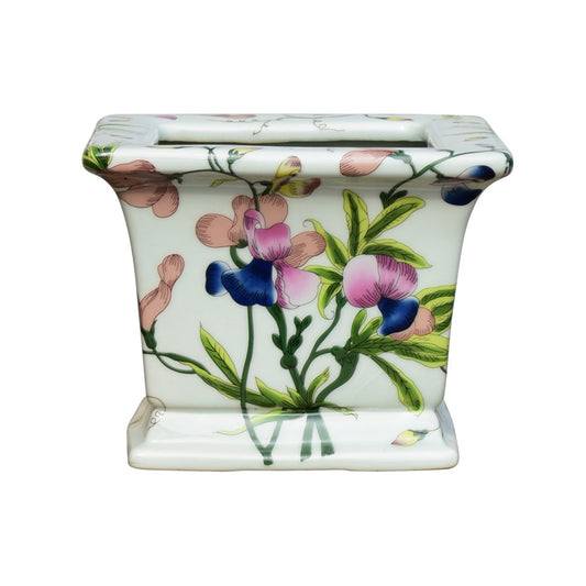 Square Porcelain Cachepot Floral Motif 6"