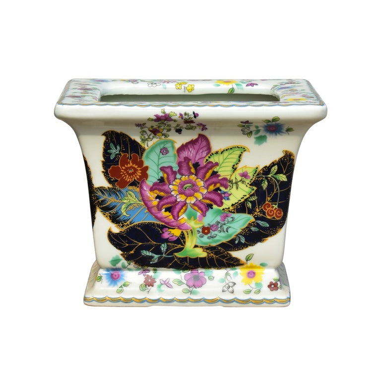 Tobacco Leaf Motif Square Porcelain Flower Cachepot 6"