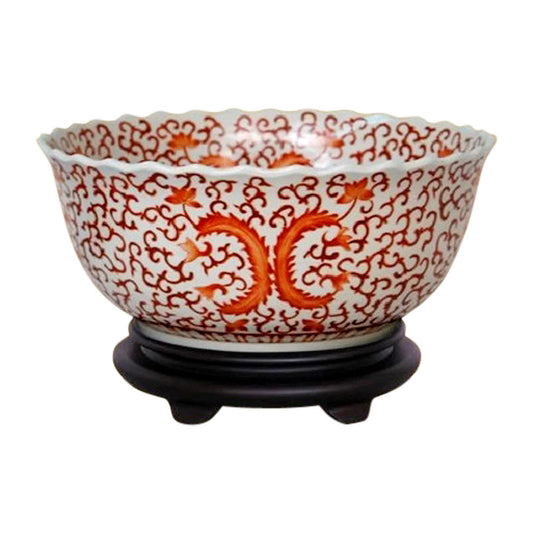 Chinese Orange and White Floral Porcelain Bowl w Base 14" Diameter