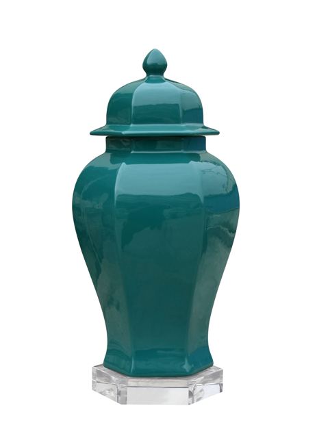 Dark Green Porcelain Hexagonal Temple Jar with Crystal Base