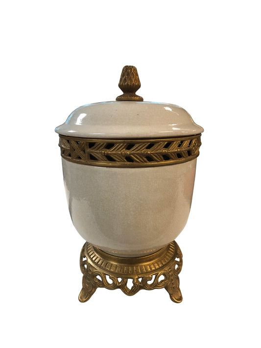 Round Grey Crackle Porcelain Jar with Ormolu Brass Accents 8"