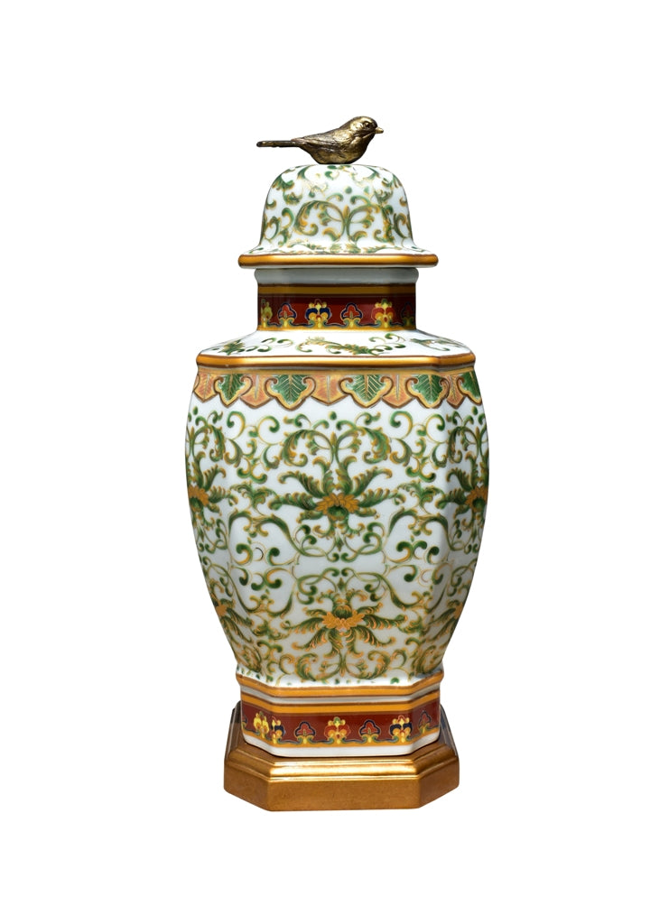 Beautiful Square Floral Vine Porcelain Temple Jar with Gold Leaf Base 16.5"