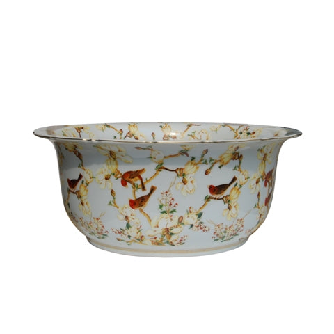 Floral Bird Motif Porcelain Lipped Bowl 16"