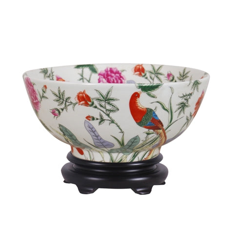 Floral Bird Motif Porcelain Bowl with Base 12" Diameter