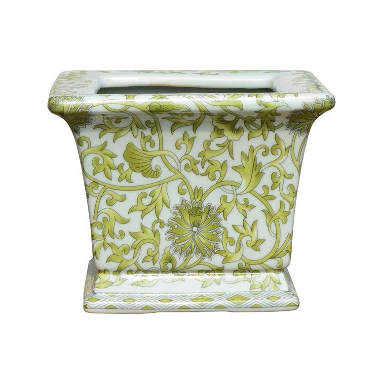 Green and White Twisted Lotus Square Porcelain Flower Cachepot 6"